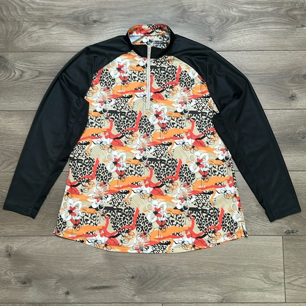 Bermuda Sands 1/4 Zip Golf Pullover‎ Long Sleeve Orange Black Print Size Large